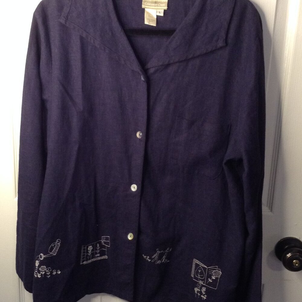 Coldwater Creek L Navy/White cross Stitch Wide Lapel Tunic Eclectic Granny Chic